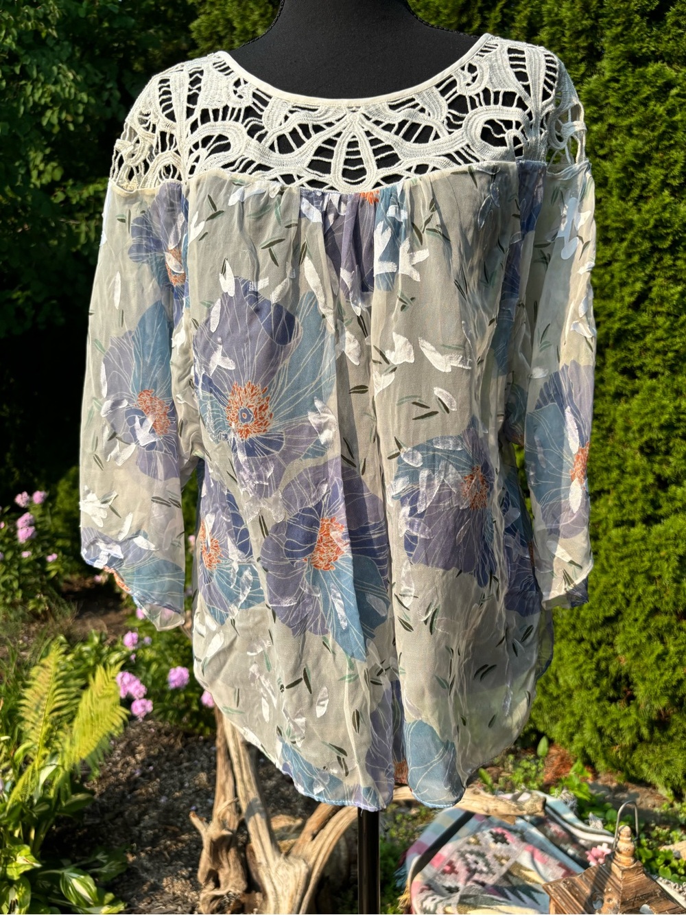 Sheer Floral Crochet-Yoke Blouse in Light Gray and Blue
